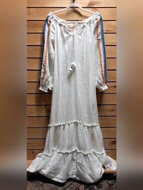 Tory Burch Embroidered Linen Peasant Dress Size S